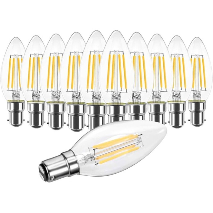 Set 10 becuri LED C35 B15, 4W, 2700K alb cald, echivalent 40W incandescent, design retro vintage