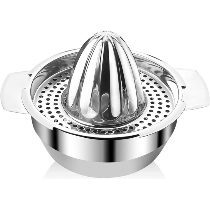 Stoarcator manual citrice / storcator de lamai, din otel inoxidabil 201, cu varf conic rotativ si sita integrata, inox, 300ml