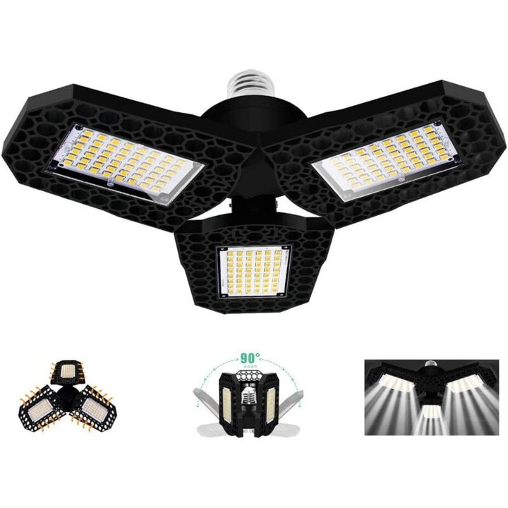 Lumina de garaj LED 40W, plafoniera deformabila E27 cu 3 panouri reglabile, super luminoasa 3000LM alb rece, pentru garaj atelier depozit subsol hol sala de sport