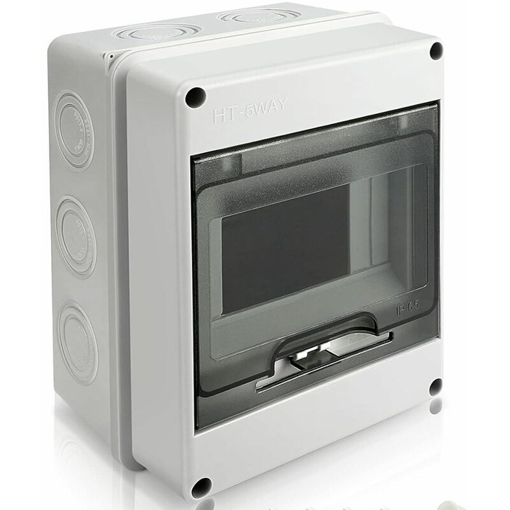 Cutie de distributie electrica HT-5WAY, 1 rand, 5 module, rezistenta la apa IP65, ABS/PC, usa transparenta blocabila, Alb