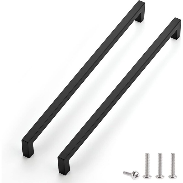 Set de 2 manere negre pentru mobila, 288 mm. Otel inoxidabil rezistent la coroziune. Instalare usoara cu suruburile incluse.