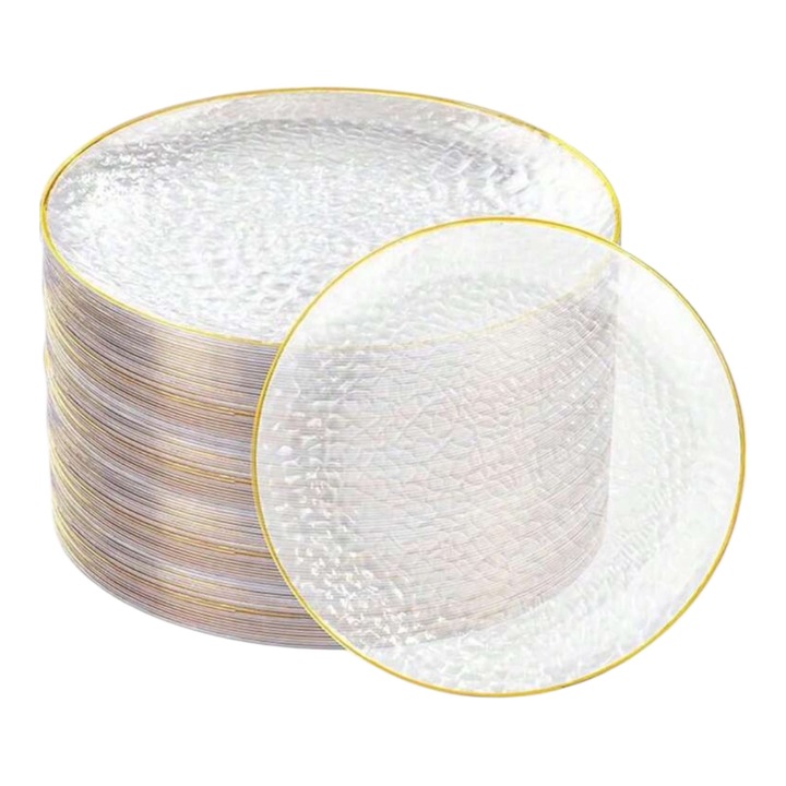 Farfurii mari transparente cu margini aurii, diametru 25 cm, set 10 bucati