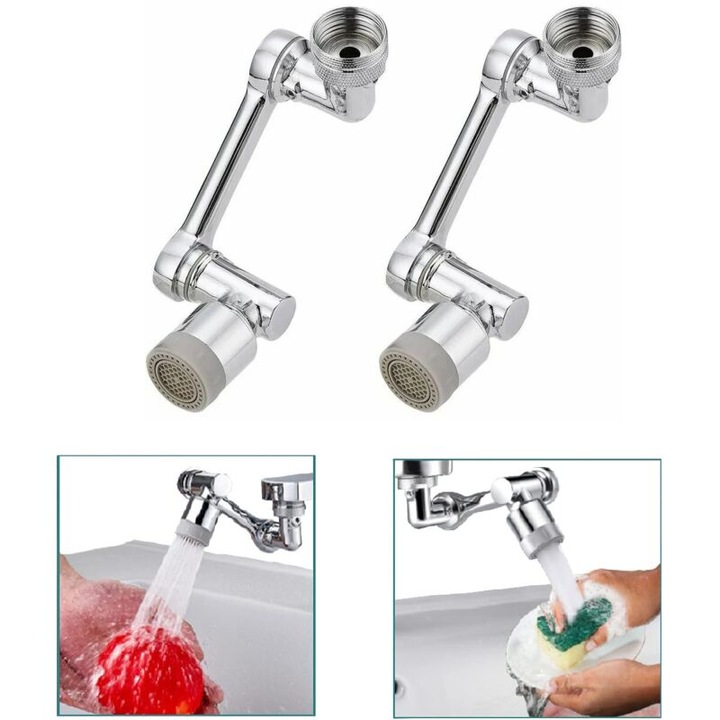 Aerator baterie 2 x 1080 grade, din alama, moduri de apa, argintiu