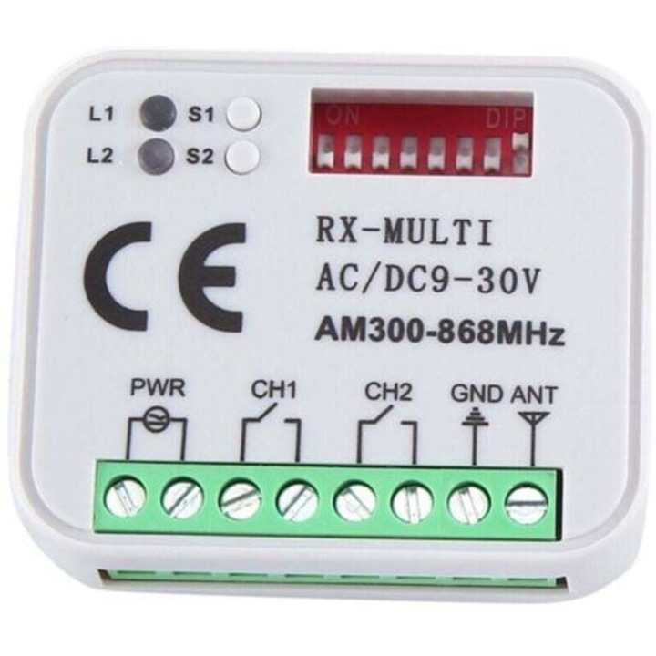 Univerzális Többfrekvenciás RX Vevő 300-868 MHz, 2 Csatornás, 12V/24V, Relé Modul Garázskapu Távirányítóhoz