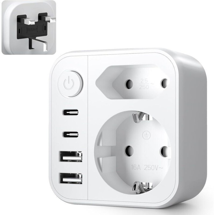 Adaptor priza UK 6-in-1, Adaptor priza UK, Adaptor priza UK la Franceza cu 2 USB A, 2 Tip C, 2 Prize, Tip G pentru UK/Irlanda/Malaezia/Maldive