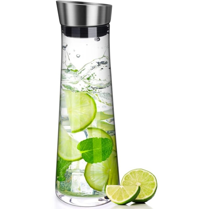 Carafa din sticla, 1 litru, capac din otel inoxidabil, rezistenta la caldura si socuri, pentru apa, lapte, suc, limonada