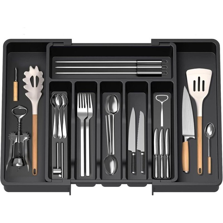 Tava extensibila pentru tacamuri 33-57 cm Organizator reglabil pentru sertare din PP fara BPA 8 compartimente Depozitare compacta pentru bucatarie