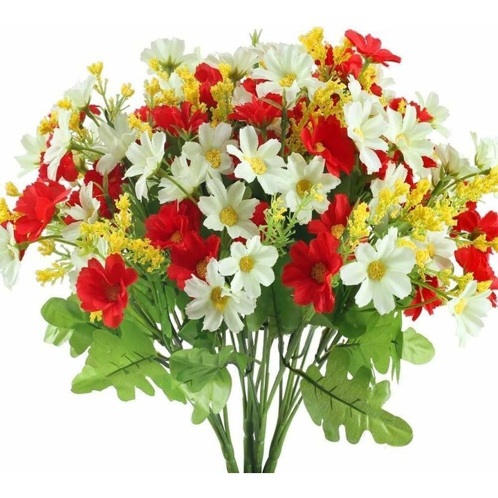 Buchet de flori artificiale, 4 margarete, rosu si alb, 34cm, plante decorative pentru acasa, gradina, nunti