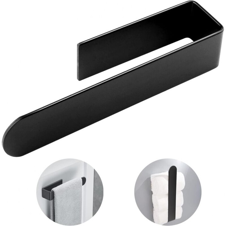 Suport negru adeziv pentru prosoape 37 cm – Otel inoxidabil SUS 304 – Instalare usoara pe suprafete netede – Design in forma de L pentru spatii mici – Grid Cool