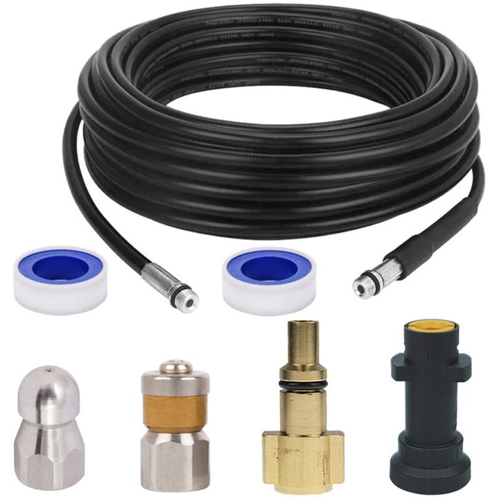 Furtun de curatare la presiune inalta, furtun pentru desfundat canale 160 bar, compatibil cu Karcher K2-K7 si Lavor, cu 2 adaptatoare si duze jet/rotative, racorduri din alama, rezistent la intemperii, negru, 15 m