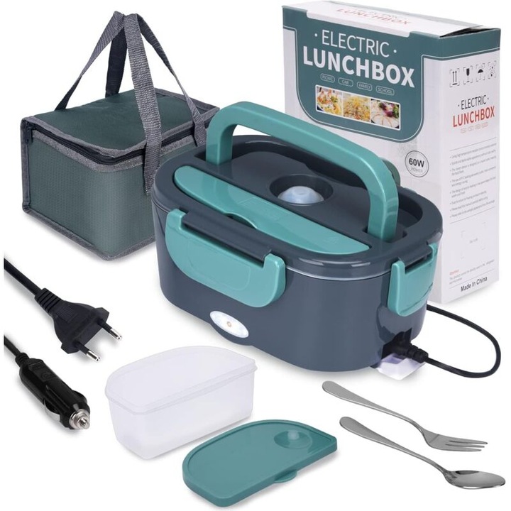Lunch box incalzitoare electrica, cutie alimentara termica 1,5L, 60W, 12V/24V/220V, inox 304, portabila pentru masina si casa, cu cablu auto si adaptor 220V, tacamuri si sac termoizolant, anti-scurgeri, verde/gri, 1 buc