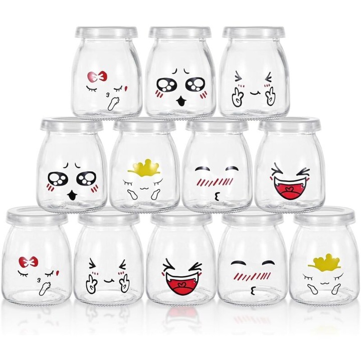 Set de 12 borcane din sticla pentru iaurt, 100ml, capace din plastic PE4, rezistente la masina de spalat vase