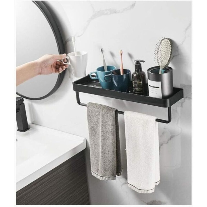 Suport prosoape de baie, aluminiu, finisaj mat negru, 5 carlige, 40cm