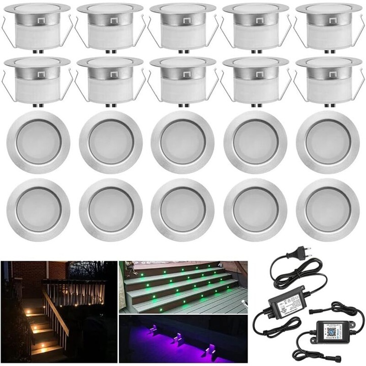 Pachet de 20 spoturi LED RGBWW incastrate Bluetooth, O45mm reglabile, IP67 impermeabile, 12V pentru piscine si scari, Alb cald si culori RGB, DC12V