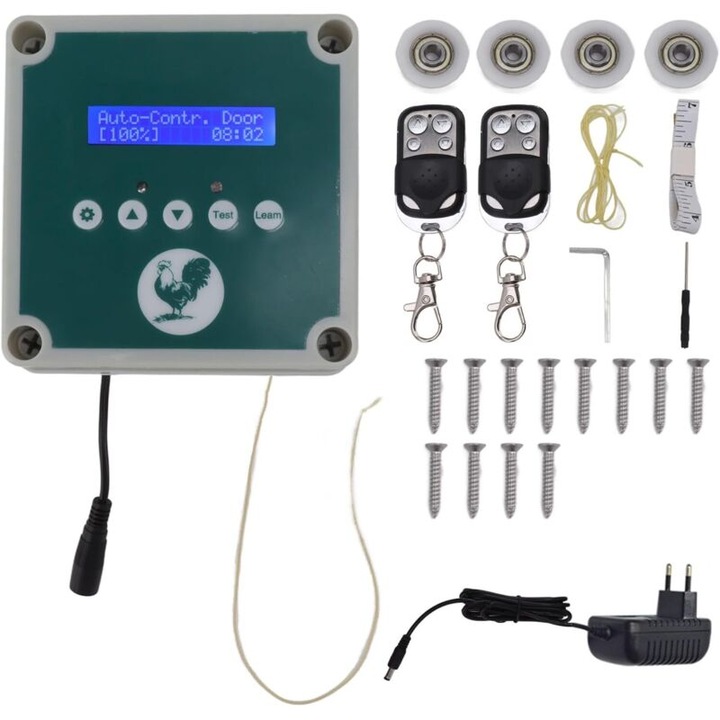 Controler automat pentru usa cotetului de gaini, IP44, cu telecomenzi, temporizator si senzor, dimensiuni 12.5x12.5x9cm, set complet