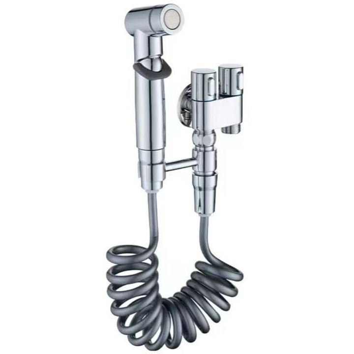 Rozsdamentes acél bidé csaptelep, higiénikus zuhanyrendszer, 1.5m flexibilis tömlő, dupla szelep, adapter mellékelve
