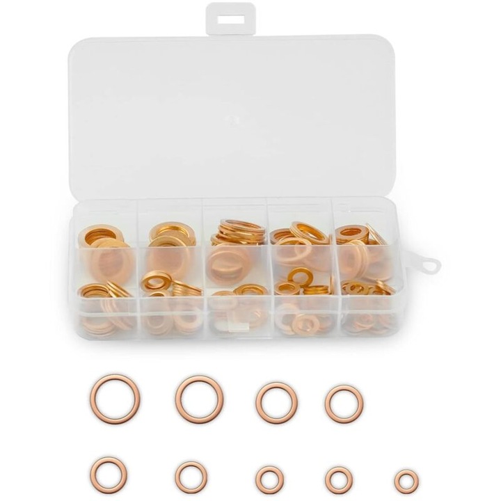 Set 200 bucati saibe metalice din cupru, inel de etansare plat din cupru, garnituri plate din alama cu cutie de sortare, potrivite pentru elemente de fixare cu suruburi, M5/M6/M8/M10/M12/M14