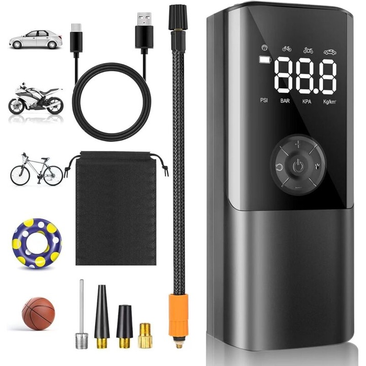 Umflator anvelope auto, Mini Compresor de aer portabil 6000mAh, Pompa bicicleta 150 Psi cu manometru, Umflator electric pentru anvelope auto, biciclete, mingi, saltele pneumatice, airbag-uri