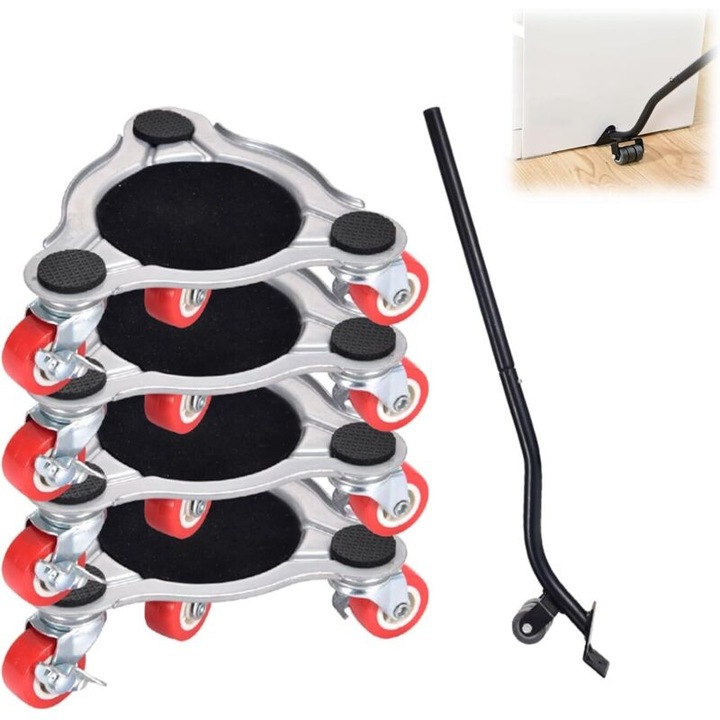 Set role pentru mobila, capacitate 400 kg, pivotante 360°, otel carbon, roti din cauciuc pentru podele, negru/rosu, 4 buc + levier de ridicare
