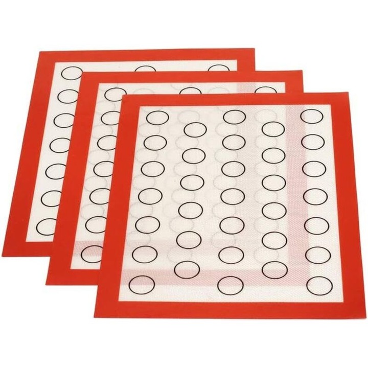 Set de 3 Covorase de Copt din Silicon Reutilizabile Antiaderente pentru Patiserie, Framantat Aluat, Covorase de Cuptor pentru Macarons, Biscuiti si Prajituri, 42x29.5cm Rosu
