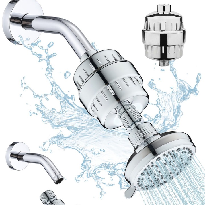 Cap de dus filtrat, 23 etape de filtrare, reduce clorul si metalele grele, inclus cartus de rezerva, instalare rapida