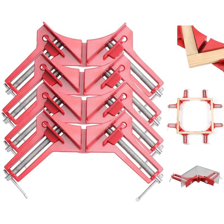 Cleme cu unghi drept de 90°, Set de 4 cleme din aluminiu turnat, Finisaj rezistent la rugina, Gama de prindere de 77 mm