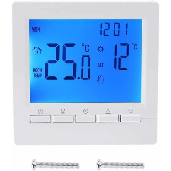 Padlófűtés termosztát, kék LCD kijelző, fehér, 8.5x8.5x2.8cm