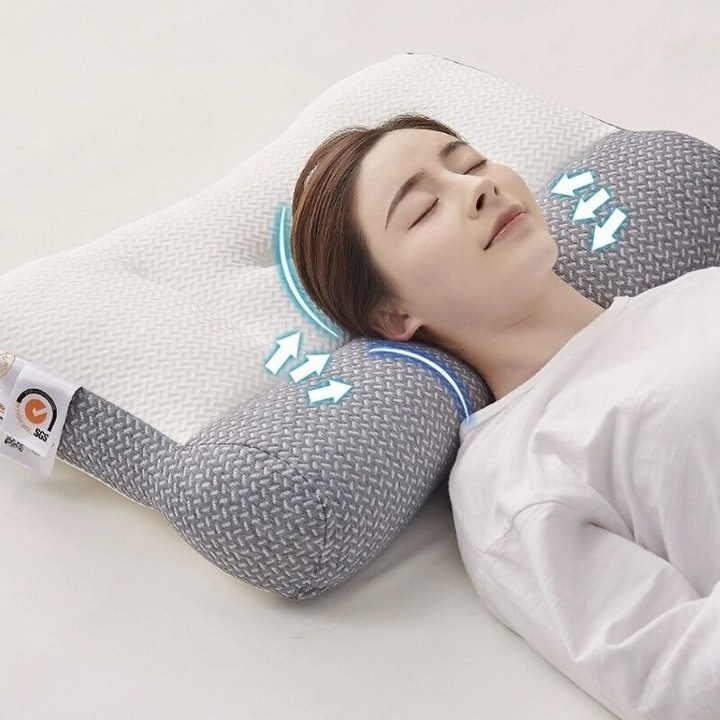 Perna ergonomica ortopedica din spuma memory pura, husa din bumbac cu revenire lenta, 6 zone anatomice, deschidere pentru ureche, alb/gri