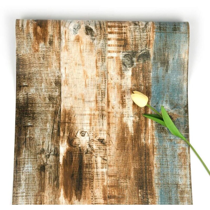 Tapet autocolant maro cu aspect de lemn, model dungi, 45x600cm