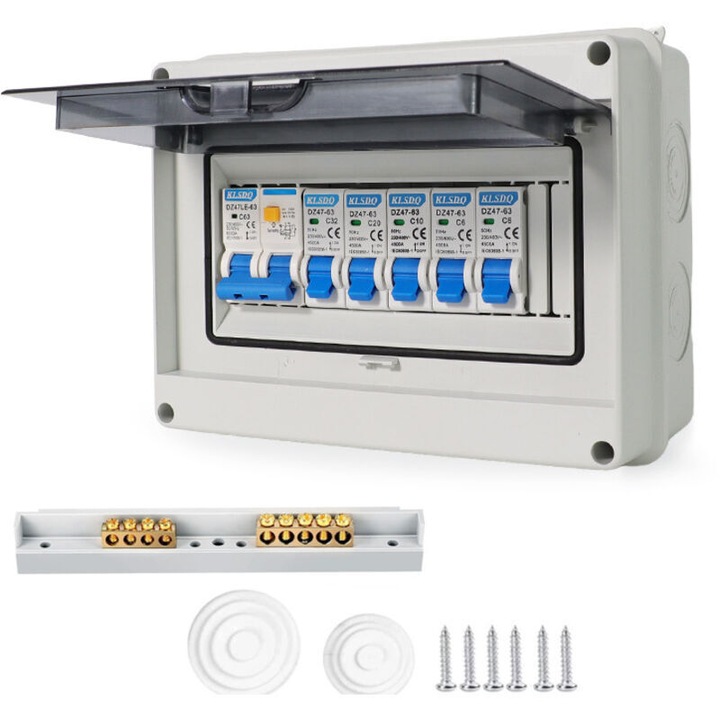 CR-8202 elektromos elosztótábla, 4 utas kapcsolópanel, IP65, égésgátló műanyag, kapcsolók 2x6A, 1x10A, 1x20A, 1x32A, áramerősség 63A, átlátszó fedél, szürke, 1 db