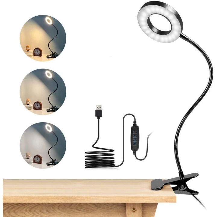 Lampa de birou flexibila cu 48 LED-uri, cu clema de prindere la 360°