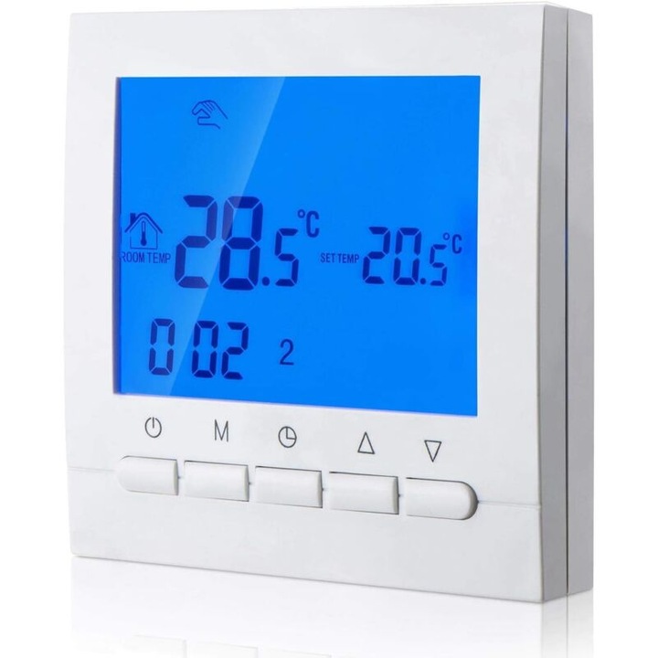 Programozható digitális termosztát 2 vezetékkel, hőmérséklet-szabályozó megvilágított LCD kijelzővel, 5–99 °C tartomány, 2 x AA tápellátás, fagyálló funkció, 6 időszak programozása munkanapokra/2 időszak hétvégére, fehér, 1 db
