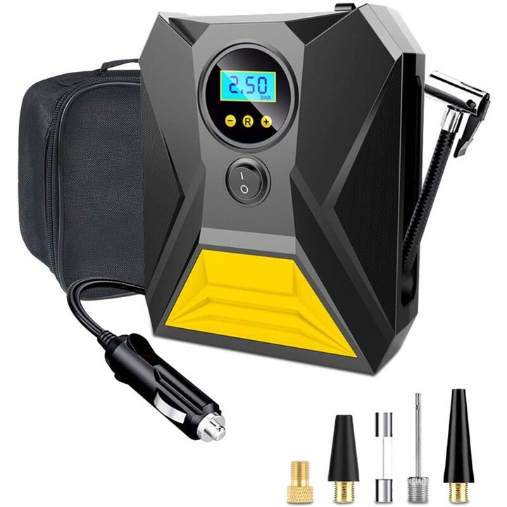 Compresor aer portabil 12V, umflator roti auto, functie memorie, 3 adaptoare, afisaj digital, LED, dimensiuni compacte