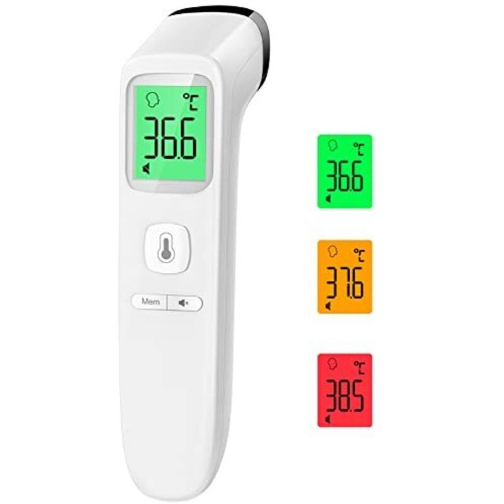 Érintésmentes infravörös homlokhőmérő, 2 az 1-ben digitális hőmérő (homlok/tárgyak), 1 mp mérés, ±0.2°C pontosság, 35 rekord memória, háttérvilágítású LCD kijelző színkóddal, némítás funkció, fehér