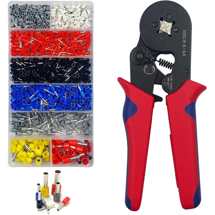 Клещи за кримпване със 1200 накрайника, 8 вида изолирани накрайници, саморегулиращи се, 0.25-10 мм