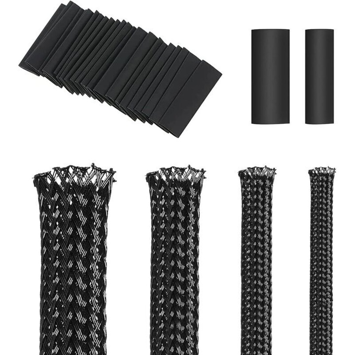 Set de 4 role de 5m de manson expandabil din PET negru pentru cabluri