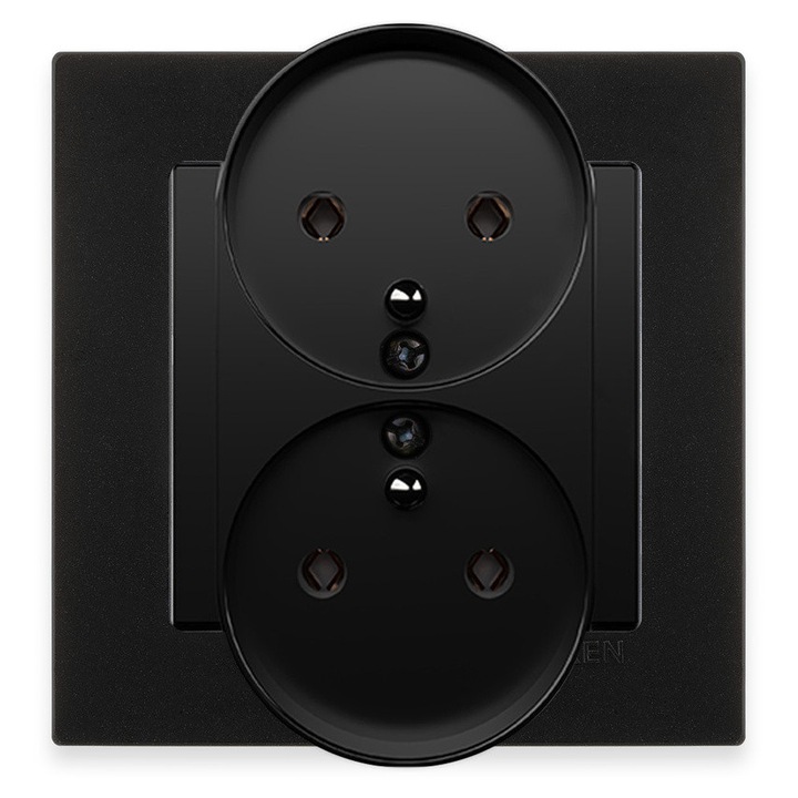 Priza dubla cu impamantare, tip E, negru metalizat + rama negru metalizat EXEN