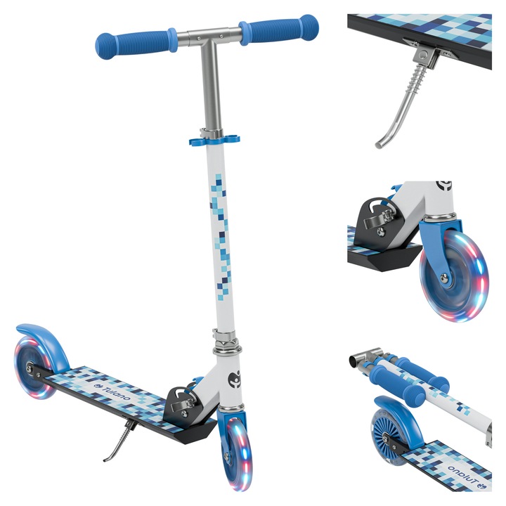 Trotineta pentru copii Tulano Zigzag 35, Roti Cauciuc LED Auto-Luminiscente, Ghidon Reglabil 69-79cm, Constructie Usoara Aluminiu 2kg, Rulmenti ABEC-7, Platforma Antiderapanta, Sistem Pliabil, Frana Spate, Suport Parcare, Sarcina 50kg, Manere Ergonomice