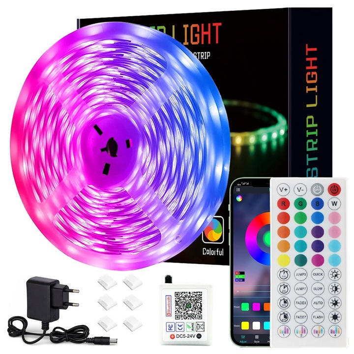 Kit Banda LED RGB, 15 m, Sincronizare muzica, Bluetooth controlul APP, 16 milioane culori, Temporizare, cu telecomanda 44 tast, Multicolor
