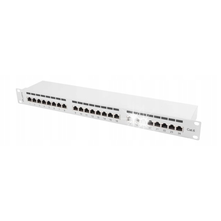 Patch panel 24 portos RJ-45 Kat.6, 1U, RAL7035 kígyó, szett