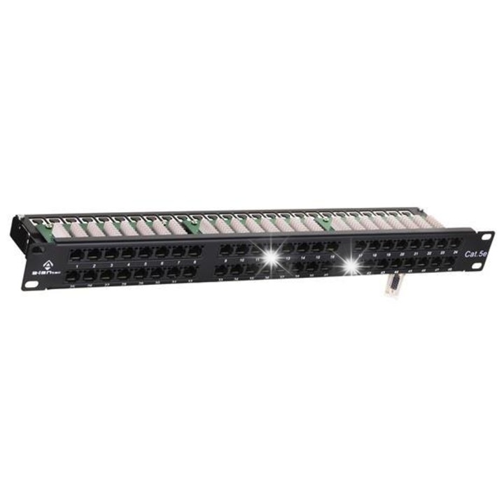 Patch panel, 48 portos, Cat5e, UTP, 1U, fekete, 483x44x50mm