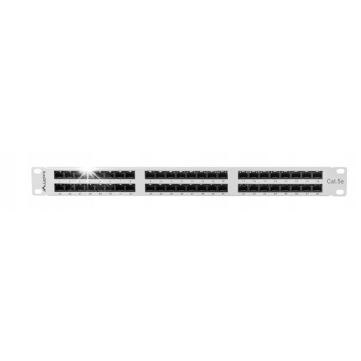 Patch panel 1U 48 port RJ-45 Cat.5E, kábelrendező, szürke, 19"