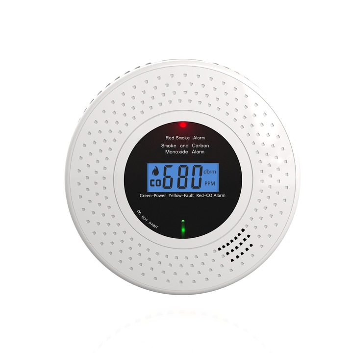 Detector Fum si Monoxid de Carbon 2 in 1, Alarma de Siguranta pentru Locuinta, Baterie cu Durata de 10 Ani, Senzor Inteligent, Alarma Sonora Puternica