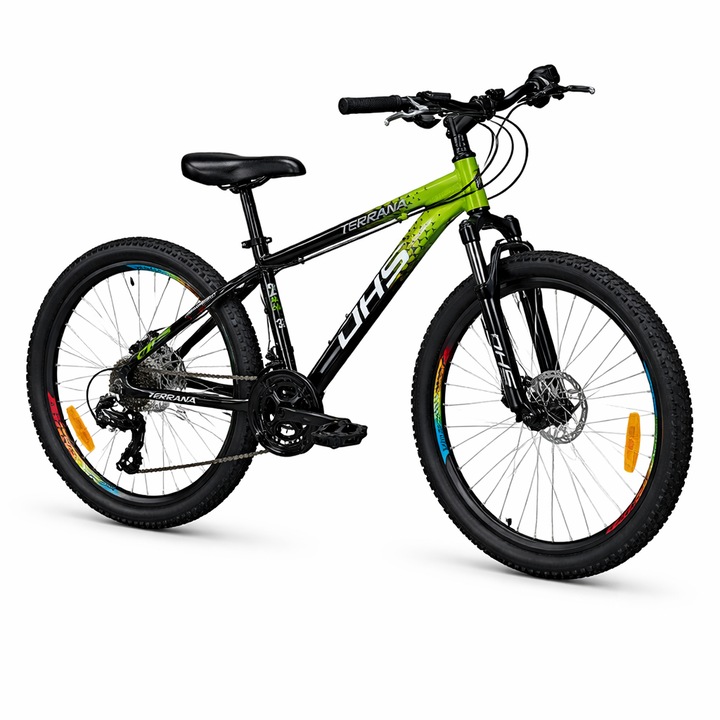 Bicicleta copii MTB DHS Terrana 2423 model 24 inch Shimano 21 viteze frane disc cadru aluminiu verde negru