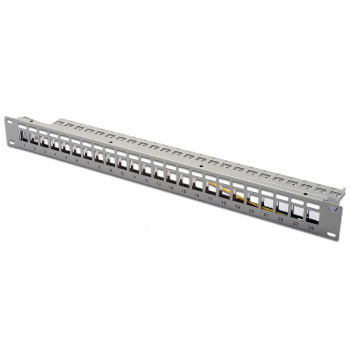 19" patch panel, 24 portos moduláris Keystone, 1U, szürke, komplett készlet