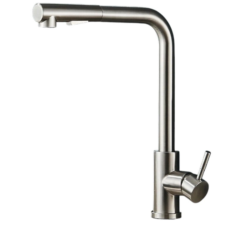 BisDesign® Konyhai Mosogató Csaptelep, 2 Áramlási Mód Kihúzható Zuhannyal, Ergonomikus Modell, Krómozott Nikkel Felület, Méret 36 cm