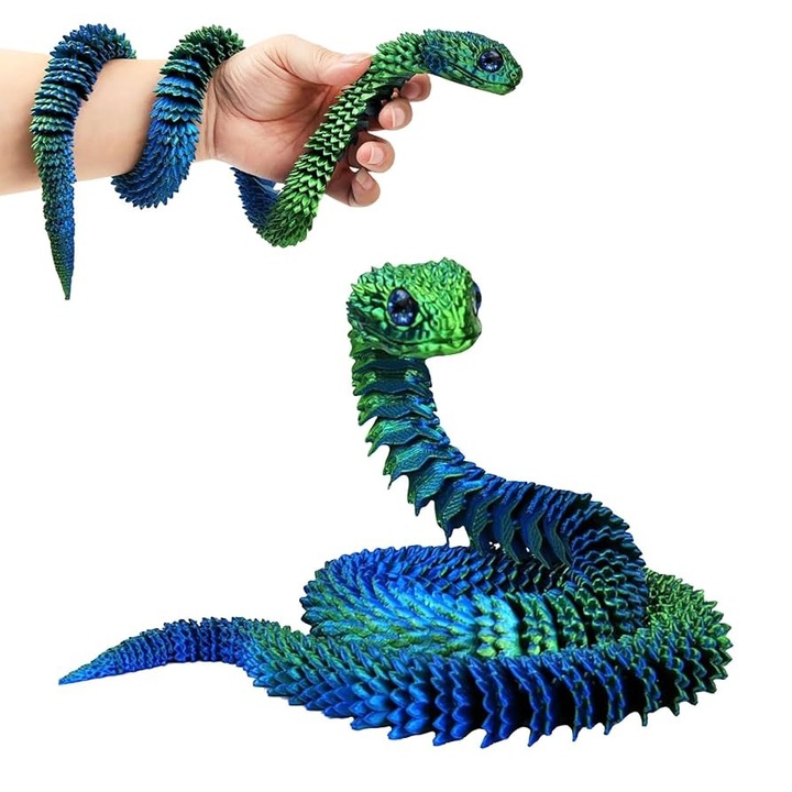Figurina Viper 3D imprimata, ornament cu articulatii mobile, albastru-verde, 45cm