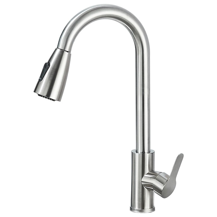 BisDesign® Mosogató Csaptelep, 3 Vízsugár Mód, Kihúzható Zuhanyfejjel, Króm-Nikkel Kivitel, 40 cm Méret