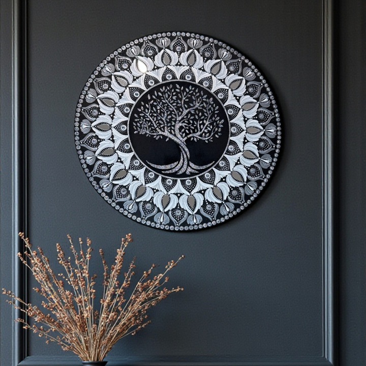 O mandala sclipitoare- Copacul Vietii- Negru-Argintiu- 40 cm