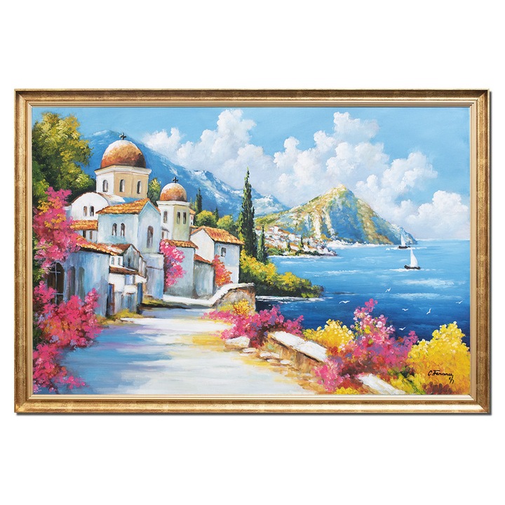 Tablou cu rama gigant peisaj din Grecia pictat manual, O zi minunata, 130x90cm ulei pe panza, Constantin Feraru